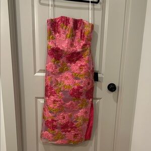 Lulu's Upgraded Event Pink Jacquard Strapless Bustier Midi Dress